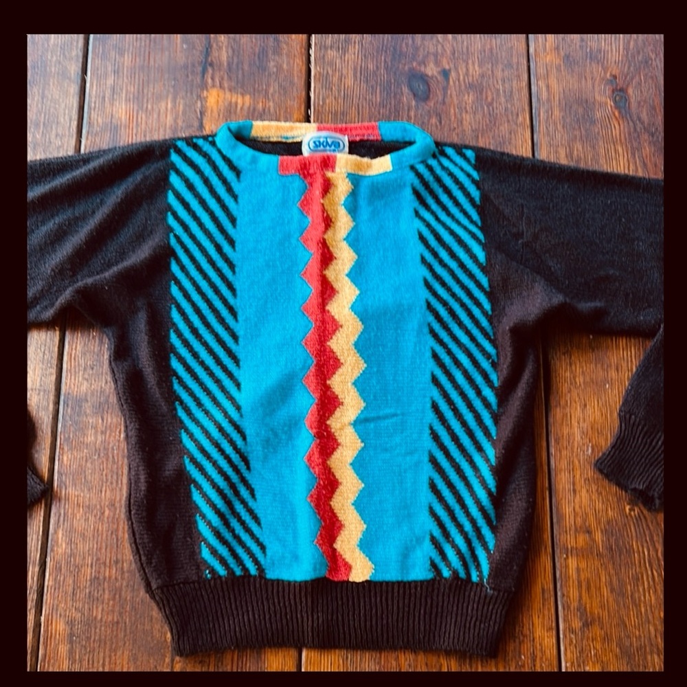 Vintage Black Sweater with turquoise blue geometric pattern design by Skiva Int.